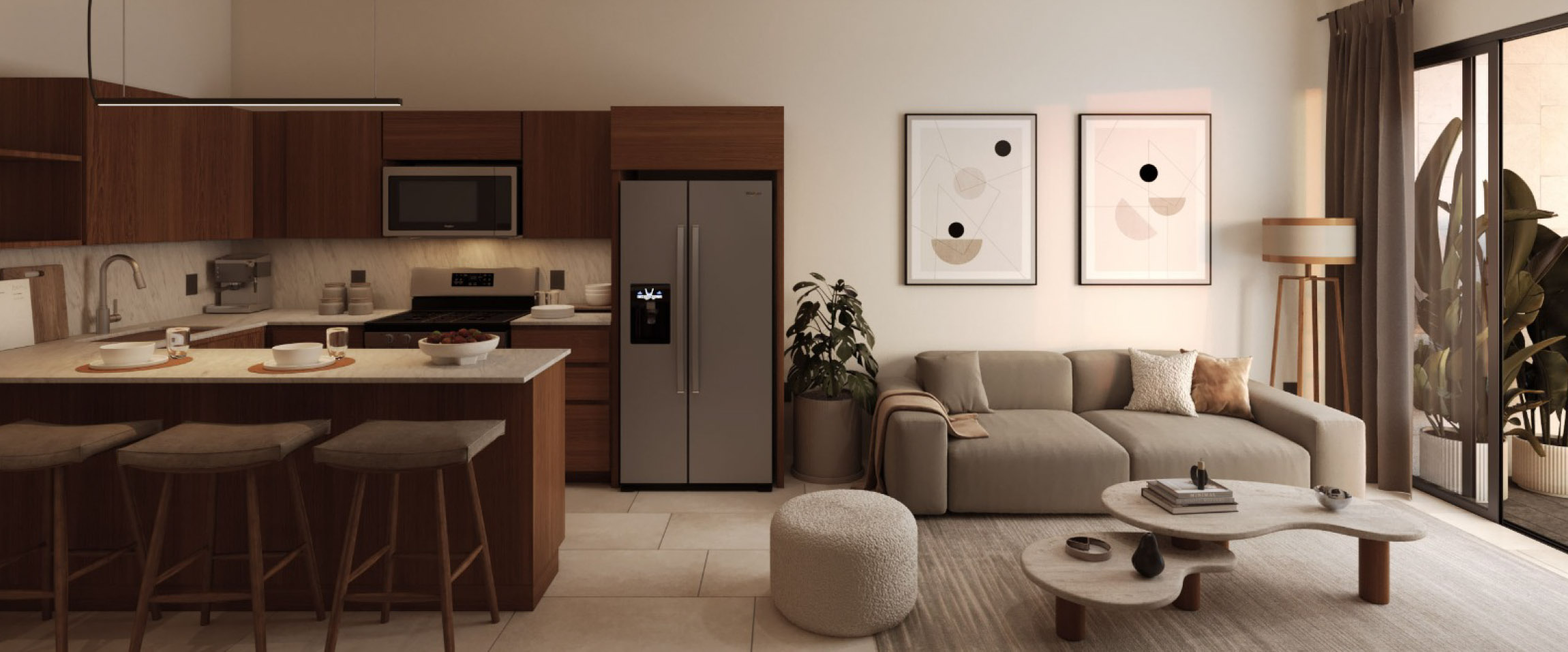 Sala y cocina del condominio en Paseo Chahué Huatulco